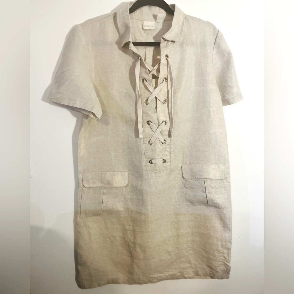 Chicos Oatmeal Foiled Waxed Metallic Linen Lace Up Shift Dress 1.5 - Picture 7 of 9